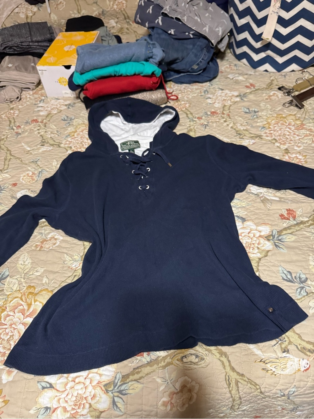 Lauren Ralph Lauren Navy Lace-Up Hooded Ribbed Pullover